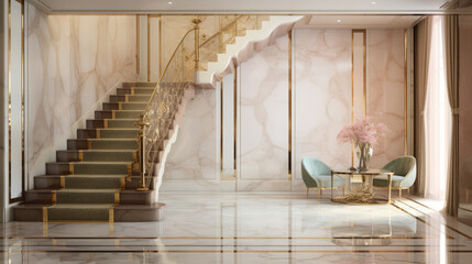Marble steps and pastel-colored panel wall in a luxurious corridor. Glamorous home interior design of a contemporary foyer with gold accents