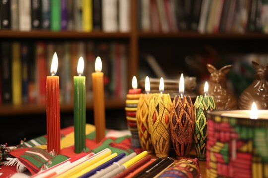 lighting candles near a collection of kwanzaa literature