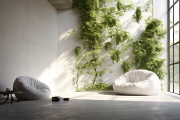 Minimalist white beanbag placed adjacent to an expansive skylight, surrounded by hanging ivy plants and a polished concrete wall. Contemporary design showcasing - obrazy, fototapety, plakaty