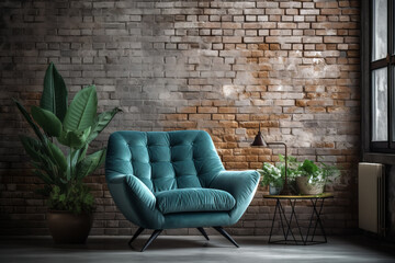 Plush teal armchair situated by a panoramic bay window, accompanied by a cluster of succulents and a raw brick wall. Urban loft interior design blending modern comfort with industrial charm - obrazy, fototapety, plakaty