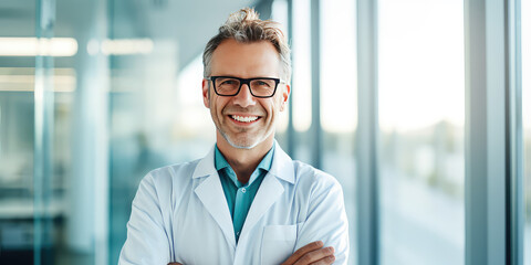Happy male medic portrait on background of medical clinic with copy space. Doctor, nurse or scientific laboratory worker in uniform and glasses. - obrazy, fototapety, plakaty