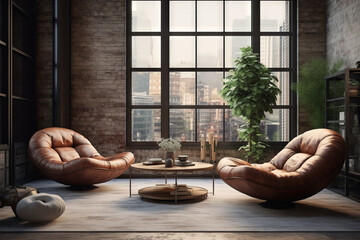 Soft leather loungers and oval marble coffee table set against a wide window with bamboo blinds. Industrial home interior design of a chic loft living space - Powered by Adobe