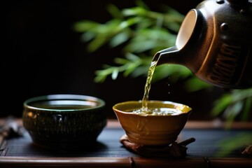 close-up of a japanese teapot pouring green tea into a ceramic cup - Powered by Adobe