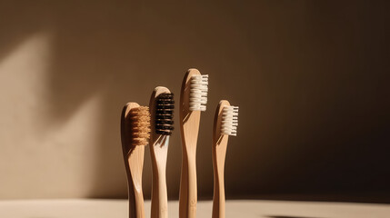 Eco-friendly wooden toothbrushes with natural bristles on beige studio background with copy space....