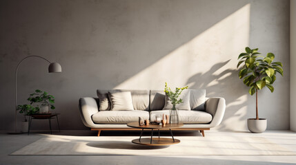 A living room with a grey sofa a coffee table and a few plants 