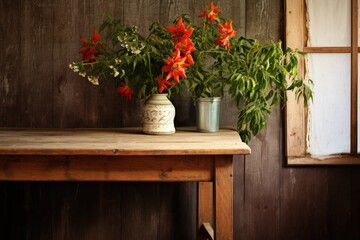 Fototapeta na wymiar a vibrant chili pepper plant on a rustic wooden kitchen table