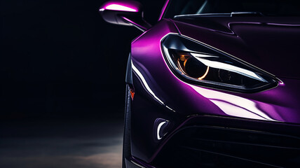 close-up of the headlight and hood of a purple car