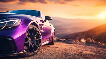Foto op Canvas close-up of the headlight and hood of a purple car against a background of mountains © Sheviakova