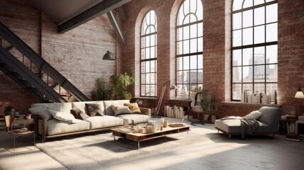 A loft apartment with open brick walls, exposed beams, and modern furnishings