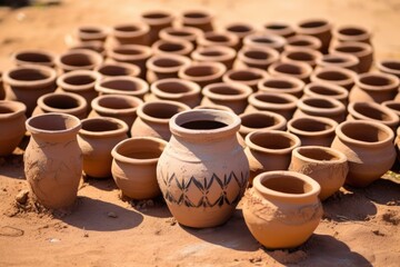 Fototapeta na wymiar array of small handmade clay pot on the ground