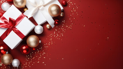 Gifts background. White gift box with scarlet ribbon, New Year balls and sparkling lights in Christmas composition on dark red background for greeting card. Flat lay, top view, copy space.