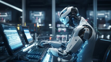 Fototapeta premium Robot Working on Computer