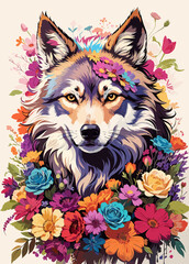 Fototapeta premium Wild Wolf Embraced by Colorful Petals