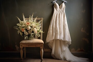 Obraz na płótnie Canvas wedding dress on hanger with bridal bouquet on a chair underneath