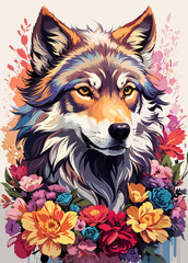 Vibrant Wolf portrait Surrounded by Bright Multicolored Flowers