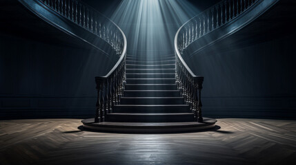 A long, winding staircase leading into darkness - obrazy, fototapety, plakaty