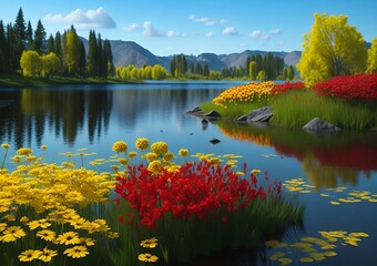spring, nature, red yellow flowers, background 4k, high quality, panorama, extra detailed, created using generative artificial intelligence tools. - obrazy, fototapety, plakaty