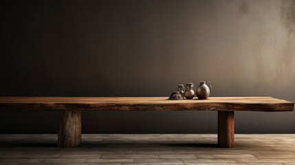 A long, wooden table with a glossy surface and two legs
