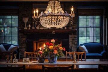 a chandelier hanging above an elegantly set dining table