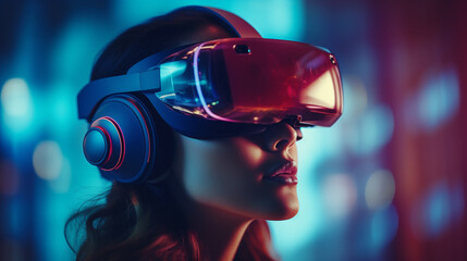 woman in virtual reality glasses with neon blue lighting, night city background
