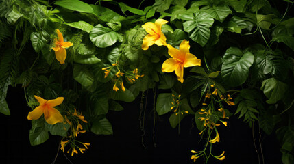A lush green tropical vine with broad, waxy leaves and a single yellow flower