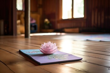 yoga mat and meditation book on a wooden floor - obrazy, fototapety, plakaty