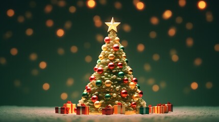 Obraz premium Decorated gold Christmas tree with golder patchwork ornament artificial star hearts presents for new year 
