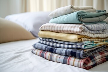 neatly folded pajamas on a freshly made bed - obrazy, fototapety, plakaty