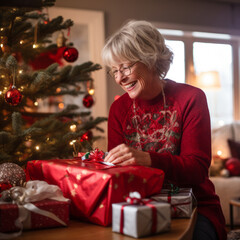 Obraz na płótnie Canvas Senior woman opening Christmas present