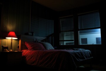 a dimly lit bedroom with ambient night light on