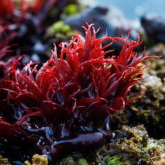 Naklejka na ściany i meble Red seaweed on weathered rock