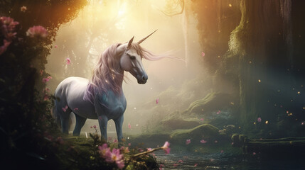 a beautiful mythical white unicorn in a slumbering magical forest