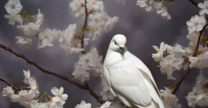White pigeon and cherry blossoms on a gray background,  The bird is standing on a branch