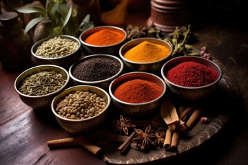 indian spices in tiny bowls arranged in a circle