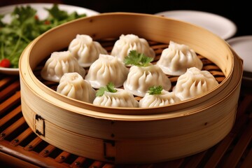 chinese dumplings in a bamboo steamer