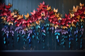 a wall decorated with a festive paper leaf garland
