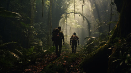Obraz premium a group of people with backpacks is driving through the wild thick jungle