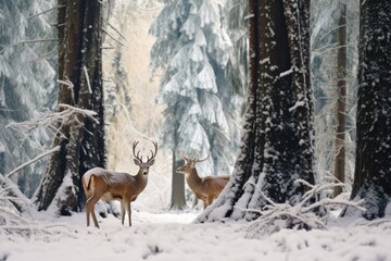 deer grazing in a snow-covered forest