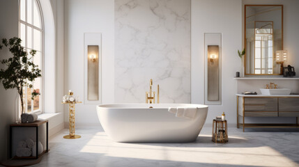 A luxurious bathroom with a white marble countertop a large soaking tub and a gold-framed mirror - obrazy, fototapety, plakaty