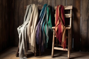 long, woolen scarves draped over a wooden chair