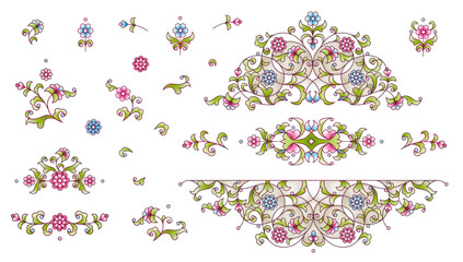 Vector set of vintage vignettes in Eastern style. Ornate element for design. Ornamental pattern for wedding invitations, birthday, greeting cards. Traditional floral decor. Elegant illustration.