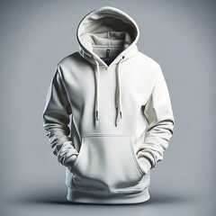 Blank white hoodie template. Hoodie sweatshirt long sleeve with clipping path, hoody for design mockup for print, isolated on grey background.