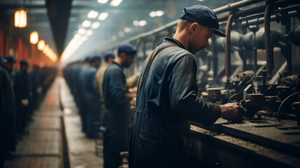 many workers in the workshop stand in a row at a long table and work while standing in overalls - obrazy, fototapety, plakaty