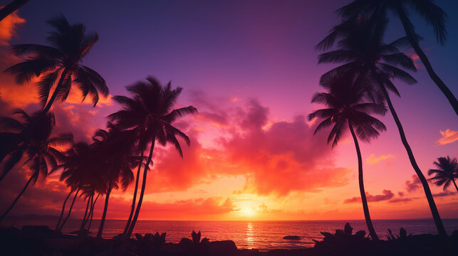beautiful sunset on the sea with silhouettes of palm trees and a purple-pink tint of the sky