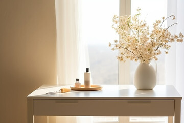 Empty modern, minimal beige dressing table, gold handle drawer storage, twig glass vase, round vanity mirror in cream wall bedroom in sunlight for luxury beauty, cosmetic, generative AI