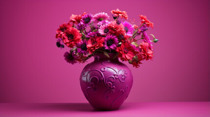 A magenta vase, filled with a bouquet of artificial flowers