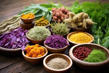 Fototapeta premium assortment of colorful medicinal herbs flat laid on a wooden table