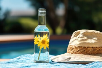 Obraz premium water-filled glass bottle placed beside a stylish sunhat