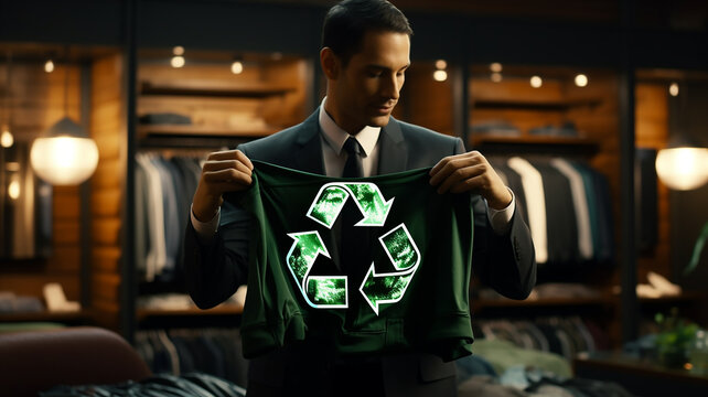 Man stretching jacket to reveal shirt with recycle symbol printe , Generative AI.