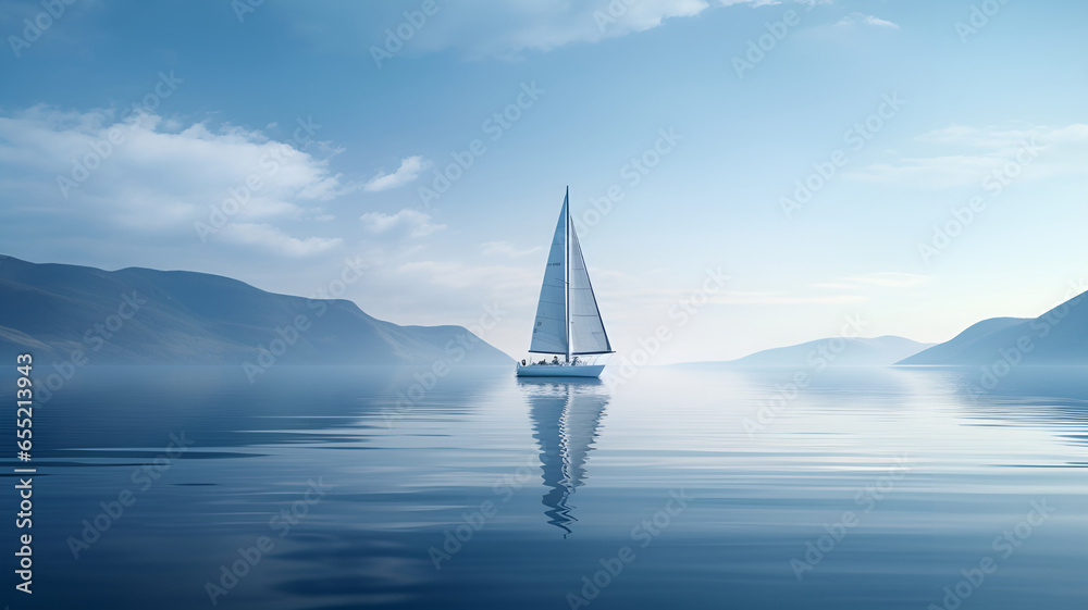 Wall mural a beautiful boat with a big white sail in the open sea with fog and in the background you can see th